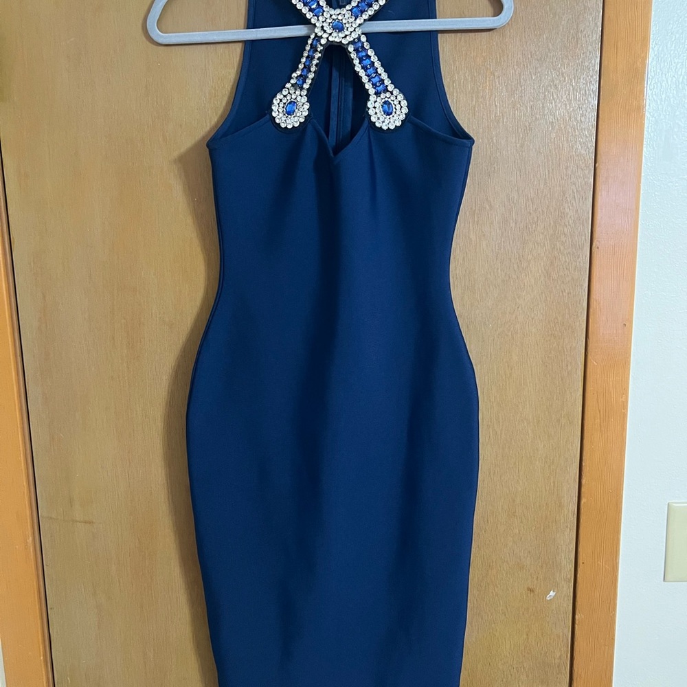 Navy Jewel-Embellished Halter Bodycon Dress